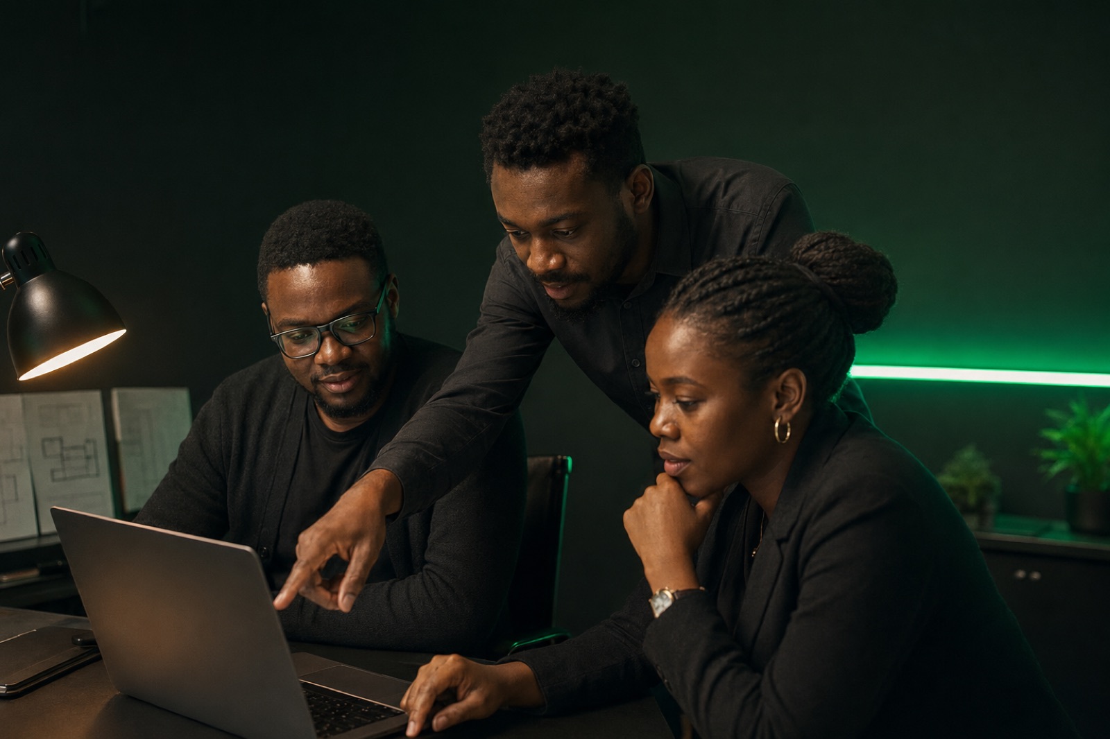Three engineers reviewing work together around a laptop in a green-lit studio