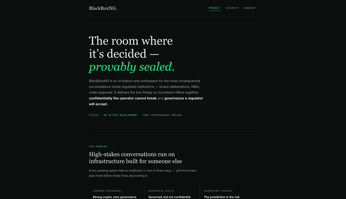 BlackBoxNg interface showing an end-to-end encrypted board discussion with its audit trail