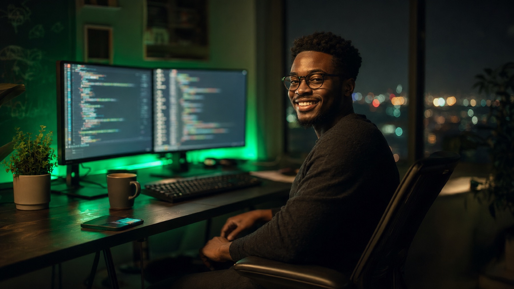 A software engineer working late in a green-lit studio, city lights behind