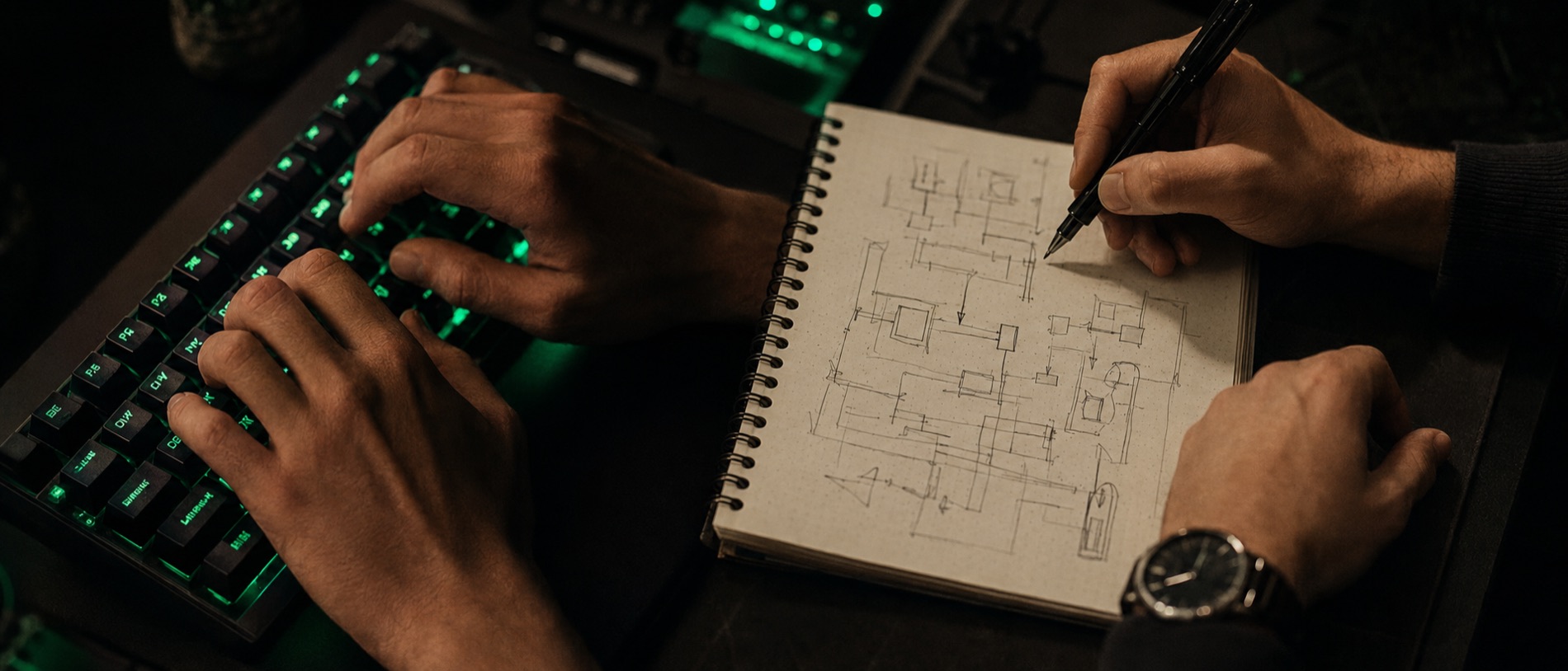 Hands typing on a green-backlit keyboard beside a notebook of system diagrams
