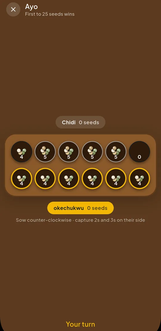 An Ayo board with seeds distributed across both players' houses