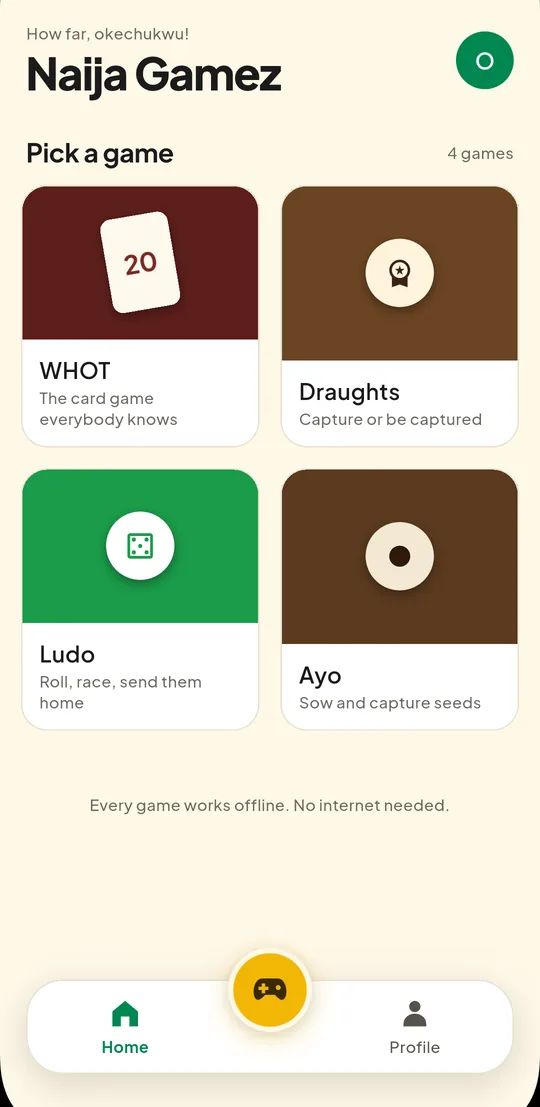 The NaijaGamez game picker, showing Whot, Draughts, Ludo and Ayo as cards