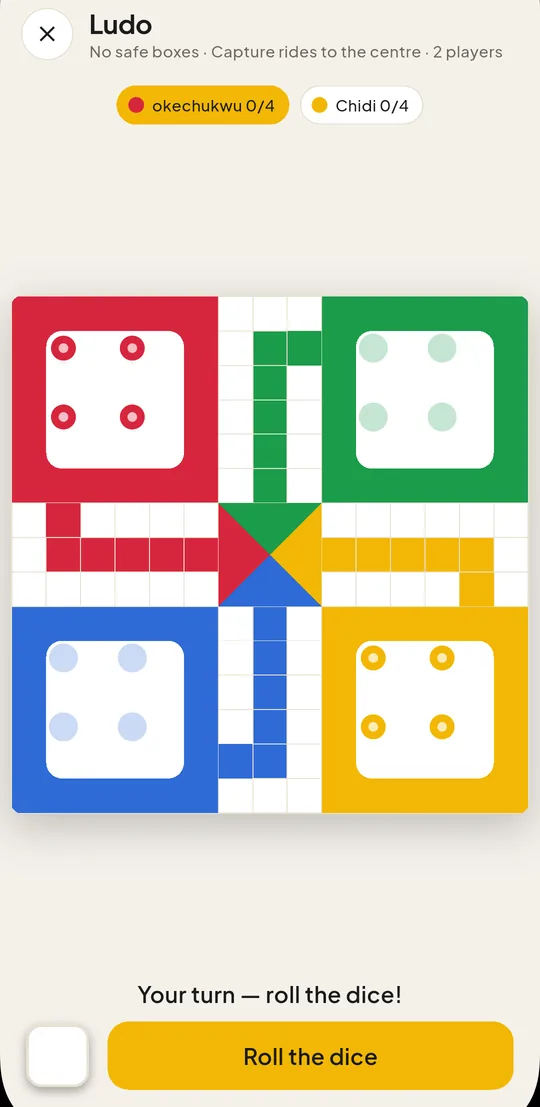 A Ludo match in progress with two players and the roll-the-dice prompt
