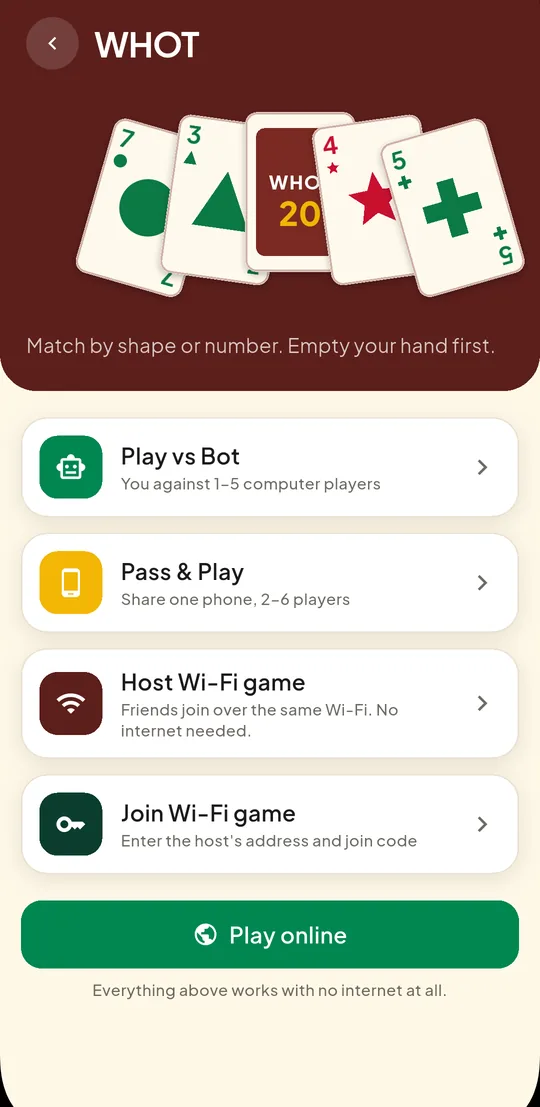 Whot mode selection: play vs bot, pass and play, host or join a Wi-Fi game, or play online