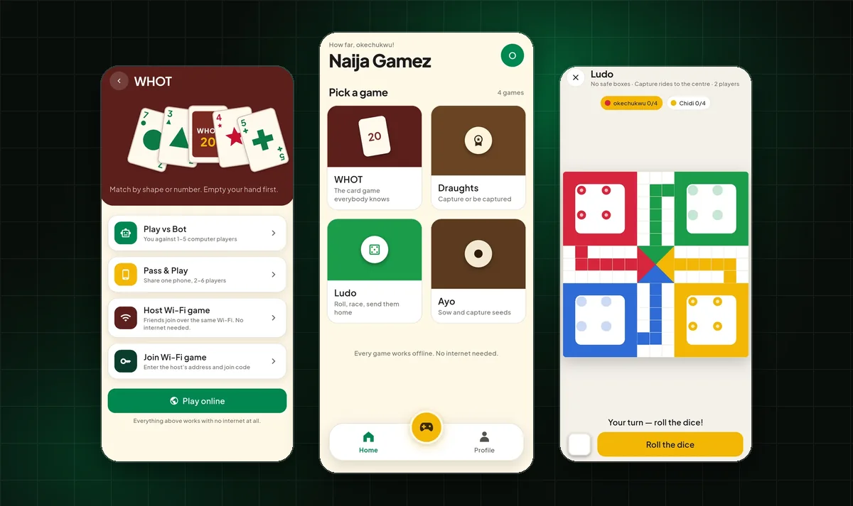 Three NaijaGamez phone screens side by side: the Whot game modes list, the game picker, and a Ludo board mid-match