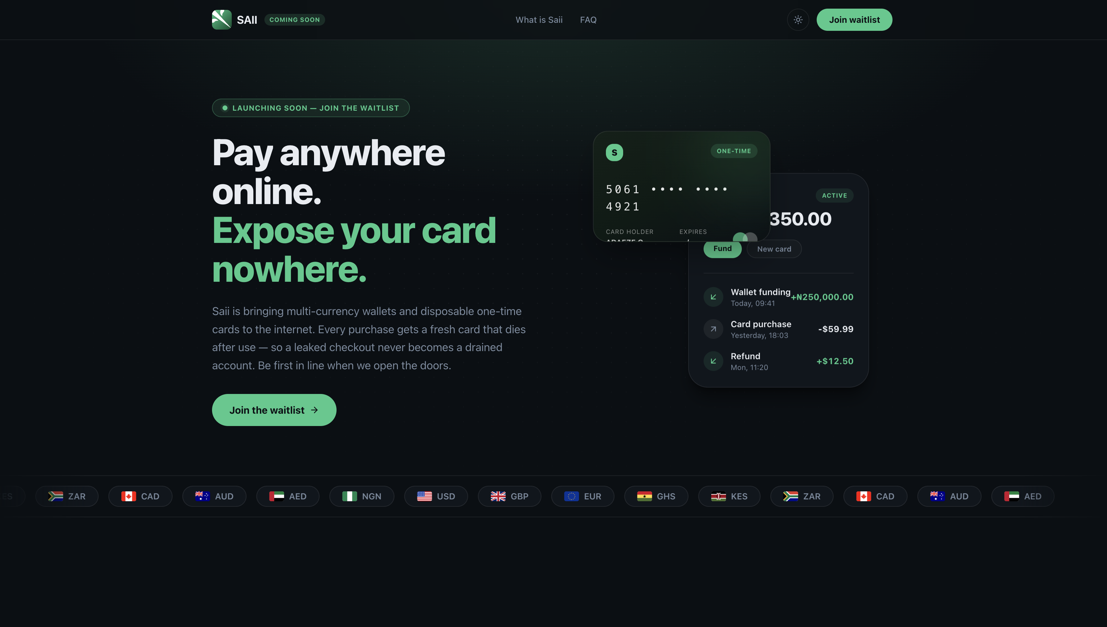 Sendsaii website — Pay anywhere online, expose your card nowhere