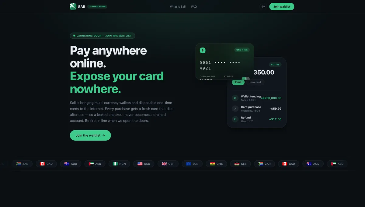 Sendsaii generating a one-time virtual card for an online checkout, alongside multi-currency wallet balances